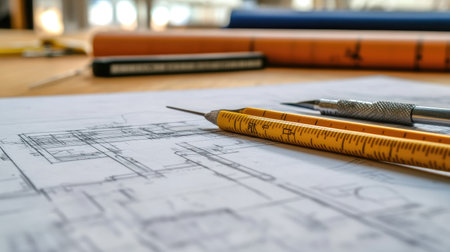 Detailed close-up of technical blueprints and engineering drawings on a desk with precision toolsの素材
