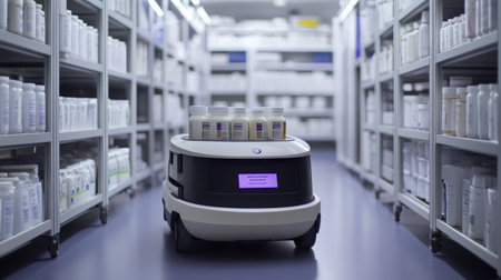 Automated guided vehicle transporting pharmaceutical ingredients in a smart factoryの素材