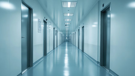 Cleanroom corridor in a pharmaceutical factory with safety signs and HEPA filter ventsの素材