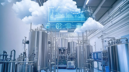 Cloud-connected pharmaceutical machinery with real-time performance metrics on displayの素材