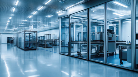 Cleanroom robotics transferring sterile materials through sealed doors in pharmaceutical plantの素材