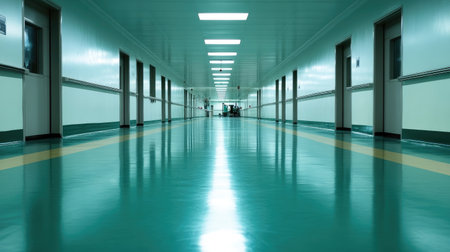 Empty production shift floor in clean pharmaceutical factory awaiting next batchの素材