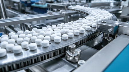 High-efficiency continuous manufacturing line producing pharmaceutical tablets in real timeの素材