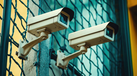 High-security entrance gate of pharmaceutical company campus with surveillance camerasの素材