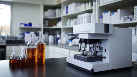 High-tech spectrometry machine analyzing samples in a clean, organized research facilityの素材