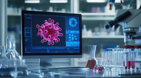 Real-time D drug modeling software on desktop inside a futuristic pharma innovation labの素材