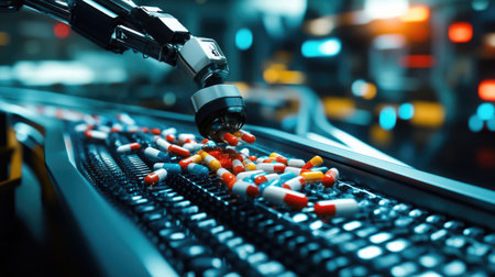 Robotic arms transferring pharmaceutical products on continuous manufacturing conveyorsの素材