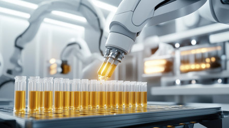 Robotic lab system sorting test tubes with pharmaceuticals into digital analysis traysの素材