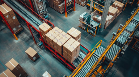 High-angle shot of pharmaceutical supply chain layout with boxes, inventory screens, and conveyorsの素材