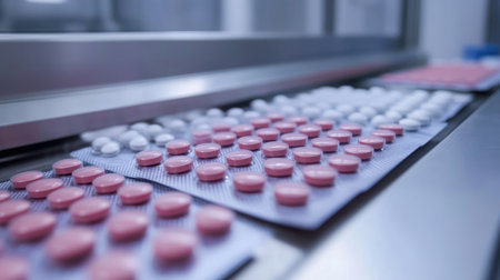Multiple blister pack lines running parallel in an organized drug production hallの素材