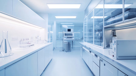 Secure pharma lab with surveillance, HEPA filters, and labeled equipment panelsの素材