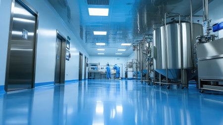 Sealed bioreactors and stainless fermentation tanks inside a pharma manufacturing cleanroomの素材