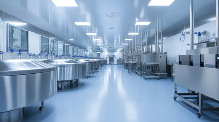 Rows of clean stainless machinery used for antibiotic production in sterile environmentの素材