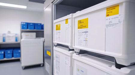 Sealed containers marked for clinical trial storage placed in refrigeration chamberの素材