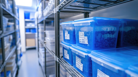 Sealed containers marked for clinical trial storage placed in refrigeration chamberの素材