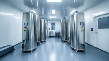 Sealed bioreactors and stainless fermentation tanks inside a pharma manufacturing cleanroomの素材