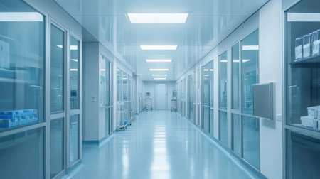 Sterile cleanroom chamber with sealed medical devices and packaged drug boxes ready for distributionの素材