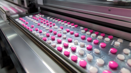 Sterile packaging station with blister packs of pills moving along automated tracksの素材