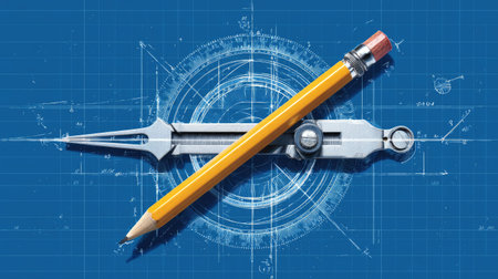 Blueprint background with engineering logo mark including pencil and drafting compassの素材