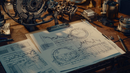 Aerospace engineer's board with rocket component diagrams and simulation data printoutsの素材