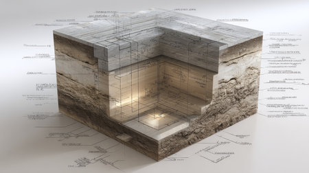 Asphalt pavement cross-section with labeled layers and civil engineering annotationsの素材