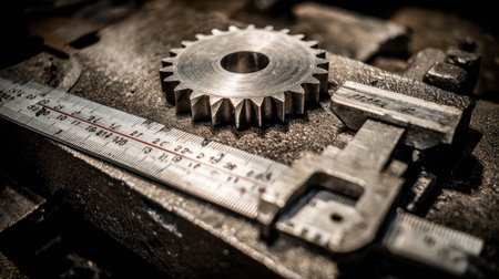 Close-up of caliper measuring steel gear with accuracy scale visibleの素材