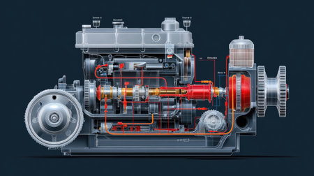 Cross-section illustration of internal combustion engine with labeled componentsの素材