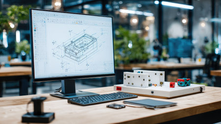 CAD design displayed on monitor next to D-printed prototype and engineering notepadの素材