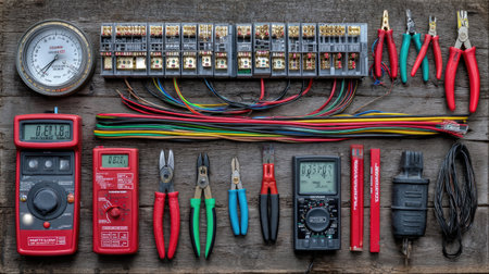 Electrical wiring diagram spread out with connectors, wire strippers, and voltmeterの素材