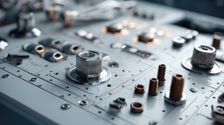 Engineering bench with torque wrench, nuts, bolts, and assembly instructionsの素材