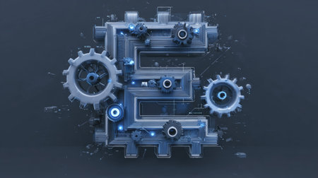 Digital engineer logo concept with gear and coding symbols forming creative E letterの素材