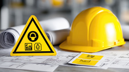 Construction site safety signage beside structural engineering drawings and helmetの素材