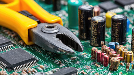 Electrical engineering table with wire cutters, resistors, and test board circuitの素材