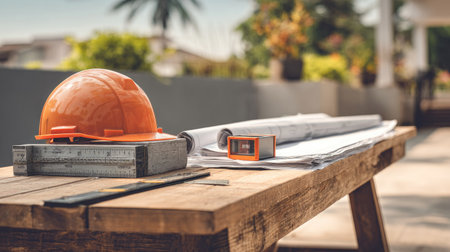 Construction site table with safety helmet, level, ruler, and architectural plansの素材