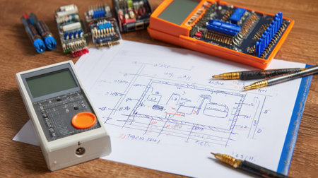 Control system diagram on paper with electronic toolkit and testing probesの素材