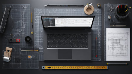 Engineering project layout with open laptop, CAD software, and precision rulerの素材