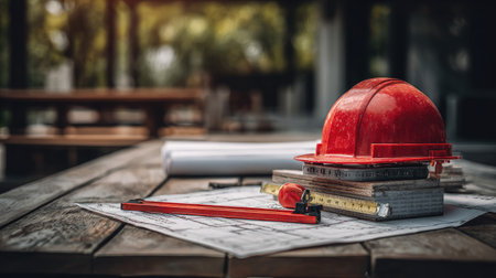 Construction site table with safety helmet, level, ruler, and architectural plansの素材
