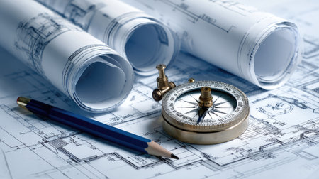 Engineer's table with rolled blueprints, compass, and mechanical pencil on drafting paperの素材