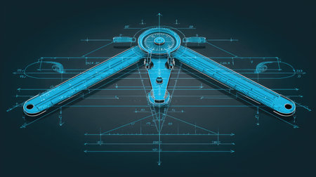 Engineering tools logo with caliper, triangle scale, and blueprint outline on dark backgroundの素材