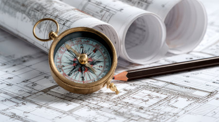 Engineer's table with rolled blueprints, compass, and mechanical pencil on drafting paperの素材