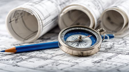 Engineer's table with rolled blueprints, compass, and mechanical pencil on drafting paperの素材