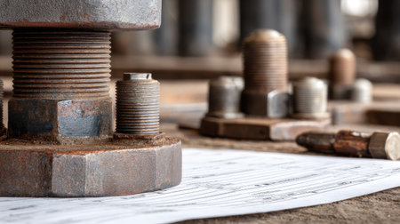 Industrial machine close-up with hydraulic parts and detailed engineering specificationsの素材