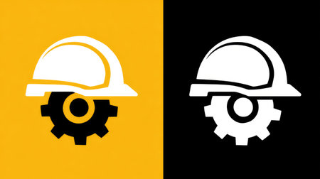 Industrial engineering logo with hard hat icon and gear wheel in stylized flat designの素材