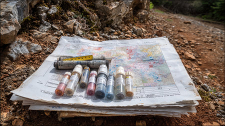 Geotechnical engineering report with soil samples, measurement tools, and terrain mapの素材