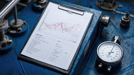 Industrial performance graph, efficiency metrics, and safety audit checklist on clipboardの素材