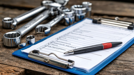 Maintenance checklist clipped beside mechanical parts and workshop instructionsの素材