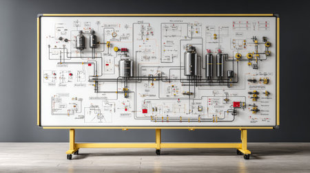 Industrial engineering whiteboard with lean production diagrams and workflow chartsの素材