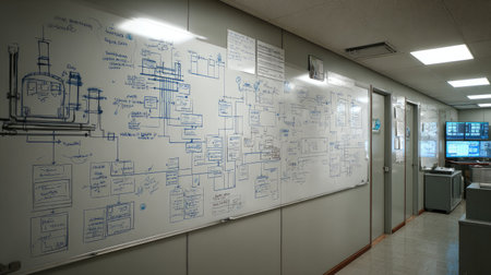 Industrial engineering whiteboard with lean production diagrams and workflow chartsの素材