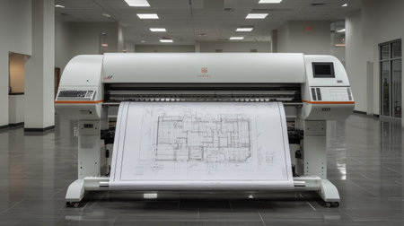 Large format blueprint scanner beside rolled structural drawings and USB storageの素材