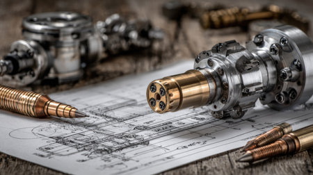 Machining workshop with lathe machine, tool kit, and engineering schematics nearbyの素材